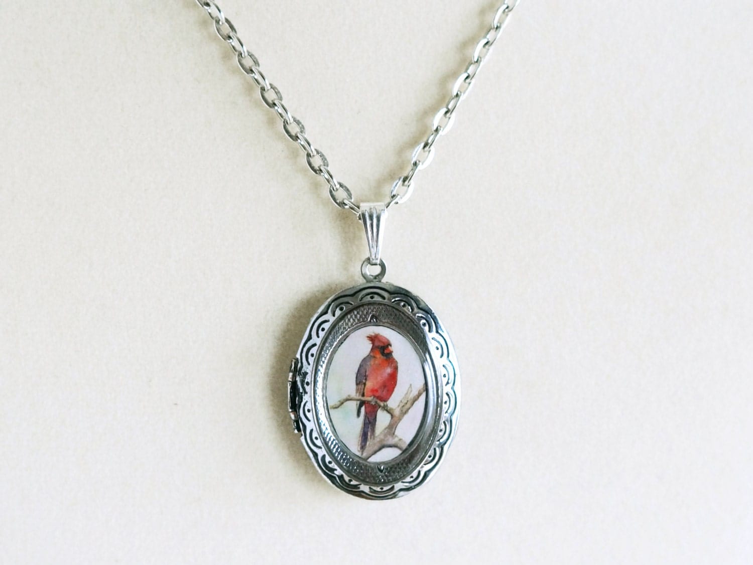 Red Cardinal Bird Locket Art Jewelry Wearable Art Necklace