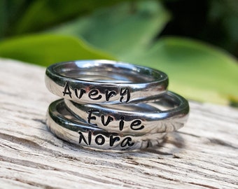 Thin Stacking Handstamped Name Rings, Personalized Stainless Steel Name Ring For Mom, Custom Gift for Mom