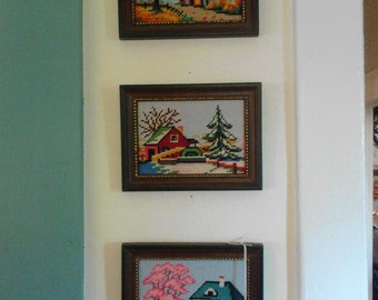 Vintage Needlepoint pictures set of 3 fall winter sprint