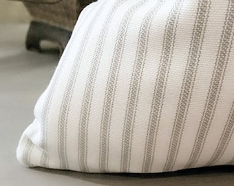 Ticking stripe pillow cover light grey and white, Pick Your Pillow Size, 12x20 12x24 16x16 18x18 20x20 22x22 24x24