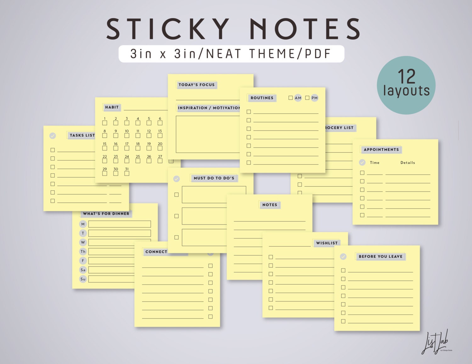 STICKY NOTES Printable PDF Fits 3in By 3in Notepads