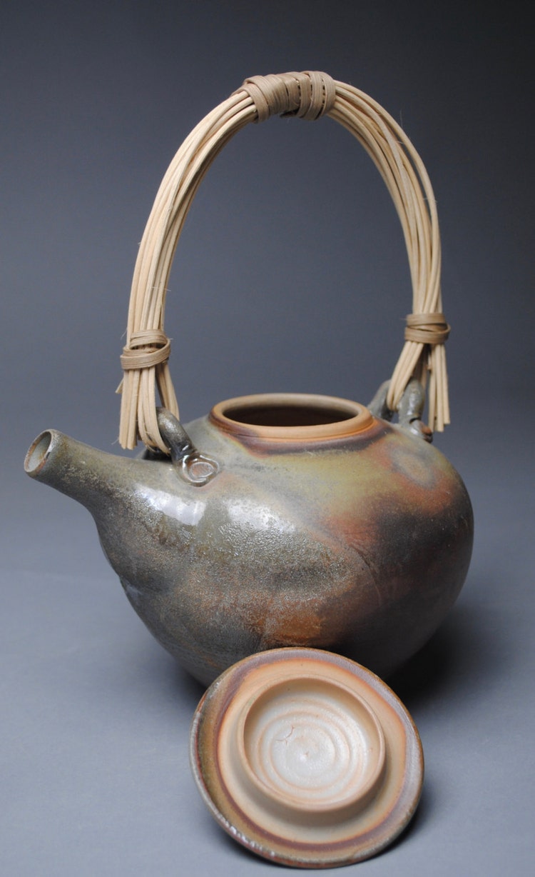 Wood Fired Teapot with Handmade Cane Handle by JohnMcCoyPottery
