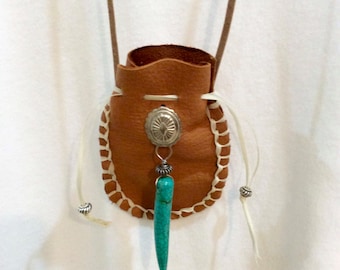 Southwestern Spirit Leather Necklace Medicine Bag - Amulet Bag - Crystal Pouch - Herb Bag - Turquoise Horn Charm - Boho Necklace
