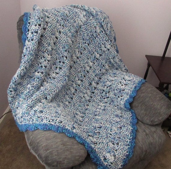 BLUE Multi-Colored & WHITE Crocheted Afghan 57 x