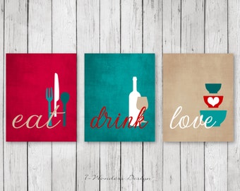 Kitchen Wall Art Print Set - Eat Drink Love - Red, Teal, Tan, White // Modern Kitchen Decor // Set of (3) Many Sizes // Unframed