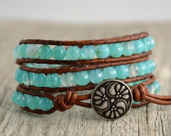 Turquoise blue beaded leather wrap bracelet. Beach chic jewelry