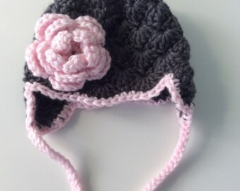 Newborn baby hat, newborn earflap hat, baby girl hat, crochet baby hat, crochet hat with flower