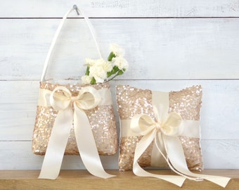 Ring Bearer Pillow and Flower Girl Basket- Champagne Sequin & Ivory Satin Bow -Ring Bearer Flower Girl Set, Sequin Ring Bearer Flower Girl
