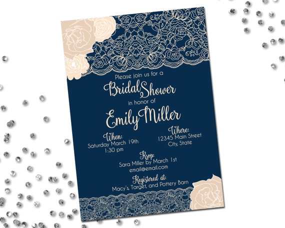 Lace Bridal Shower Invitation - Navy Blue and Cream - Flowers and Lace Bridal Shower - Feminine Layout - Printable Il_570xn