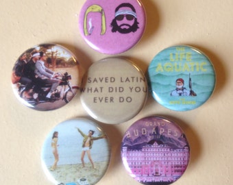 Wes Anderson pin back buttons 1.25" set of 6