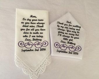Personalized WEDDING HANKIE'S Mother & Father of the Bride Gifts Hankerchief - Hankies you pick thread colors set of 2