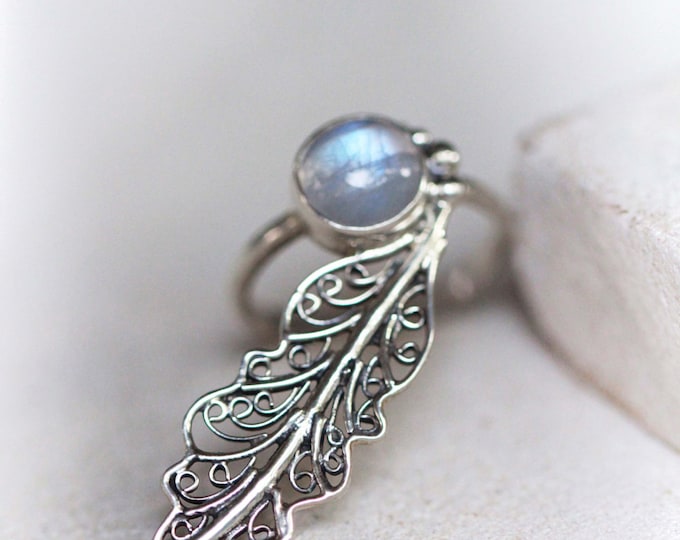 Rainbow Moonstone Gyspy Ring, Bohemian Rings, Feather Rings, Statement Rings, Leaf Ring, Boho Chic, Gift, Artistic Ring, Unique Ring, DonBiu