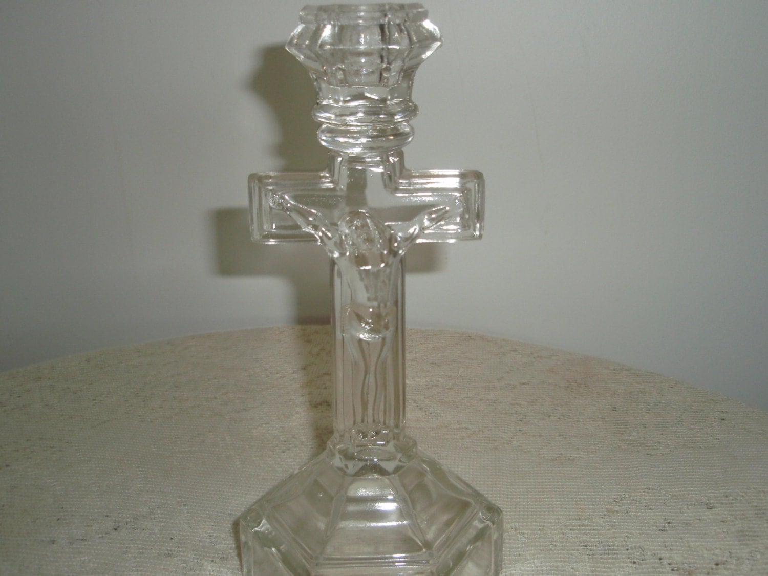 Glass Crucifix Candle Holder. Vintage clear glass crucifix