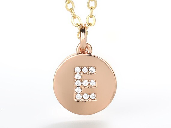 Letter E  on 18K Rose  Gold  Plated Disc Cubic Zirconia Pave
