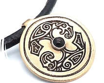 Handcrafted Raw Bronze Celtic Raven Onyx Set Pendant on 5mm Leather Thong
