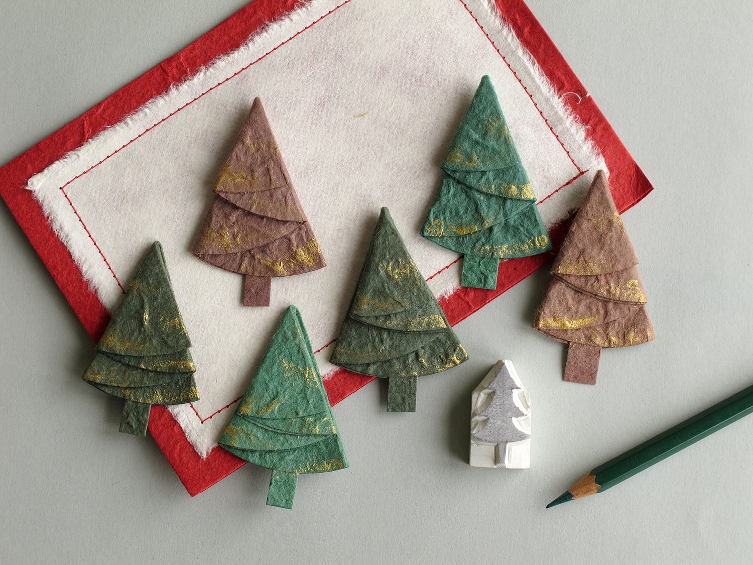 6 Paper Christmas Trees Die cut green & brown pine trees