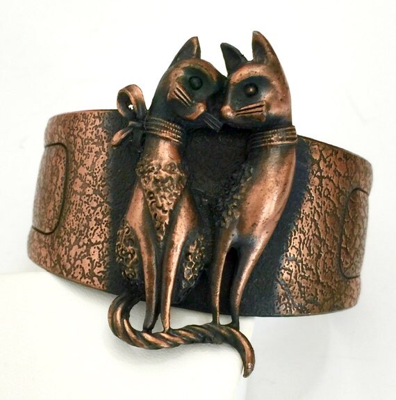 Two Cats Copper Cuff Textured Copper Tone Metal Antiqued