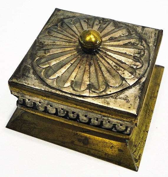 Metal Hinged Square Trinket Box Vintage Home Decor Brass