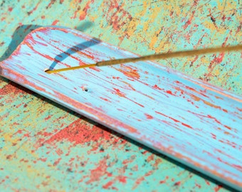 Hand Distressed Aqua & Red Wood Incense Burner