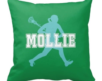 Lacrosse Throw Pillow & Cover, Custom, Girls LAX Pillow, Monogram, Green, Pool, White - ANY Colors, 14x14, 16x16, 18x18, 20x20, 14x20, 26x26