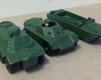 Matchbox Lesney 1950's Military diecast lot Ferret Scout Car 61, Saracen Personnel Carrier 54, DUKW 55