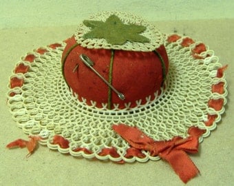 Vintage Pin Cushion red green hat plastic canvas ribbon charming worn patina sewing notion tool