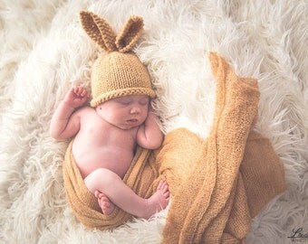 Premature preemie baby hat boy girl - bunny rabbit baby hat - unisex beige toffee tan - photography prop hand knit vegan warm winter spring