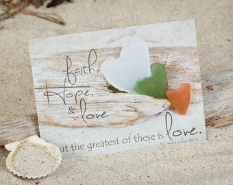 Religious Coastal Note Card | Religious Greeting Card | SeaGlass Hearts | Faith Hope & Love | Lisa Vohwinkel Photography | Corinthians 13