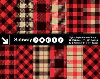 Lumberjack Flannel, Buffalo Check Plaid Red, Black, Khaki Gingham, Tartan. Scrapbook Digital Papers 8.5x11 / 12x12 jpg INSTANT DOWNLOAD