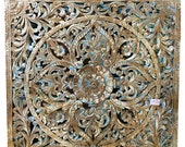 Antique Blue Patina Floral Carving India Art Wall Sculpture-Hand-carved Lotus Wall Panel