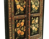 Floral Pained Doors Reclaimed Antique Jodhpur Black Floral Armoire Door