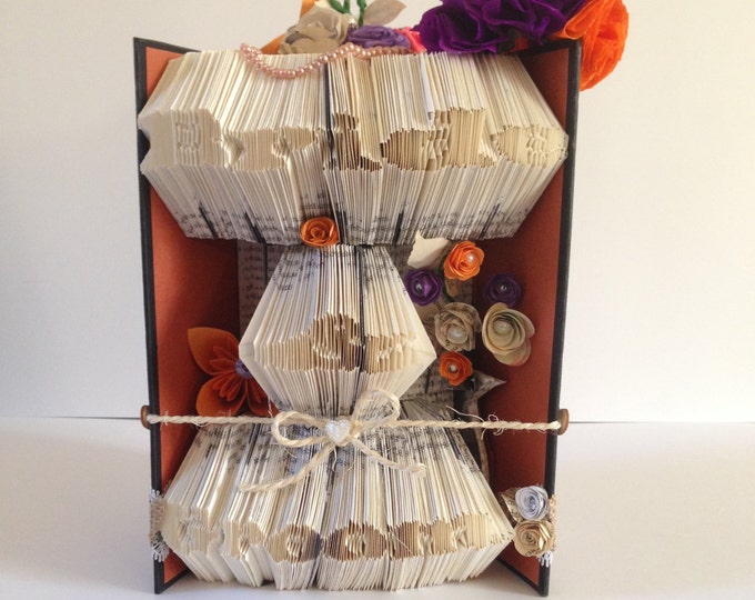 Bride & Groom Book Folding Art, Purple Orange and Black Wedding