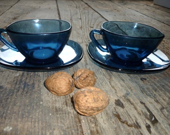French fifties pair of Vereco large cups and saucers ( 250 ml) blue glass