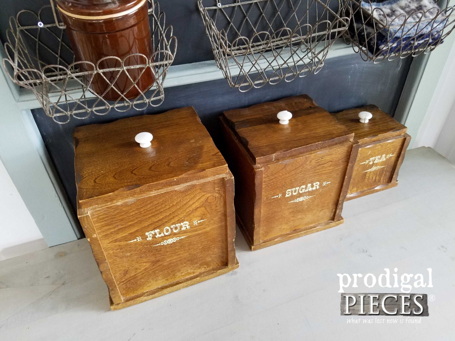 Vintage Wooden Kitchen Canisters with Lids Set of 3
