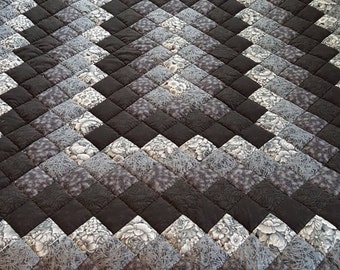 Queen Size Black and Gray Hand Quilted Trip Around the World Quilt
