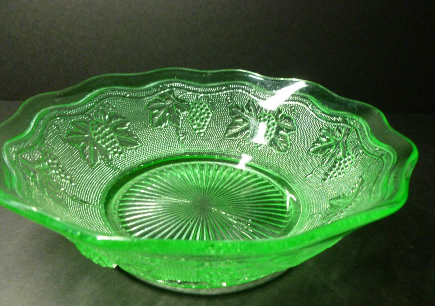 Antique Green Depression Glass 7 Inch Footed Serving Bowl With