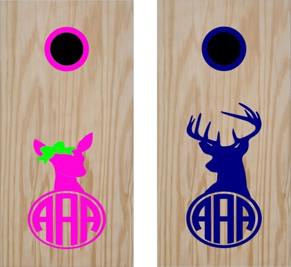 Monogram Initials His and Hers Doe Buck Deer Cornhole Board Decals Stickers Bean Bag Toss With Rings
