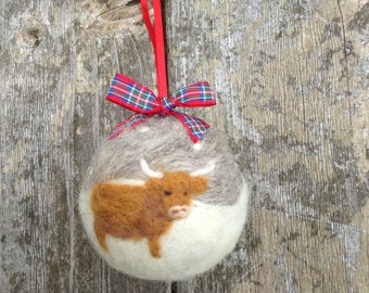 Handmade Needle Felted Bauble Highland cow Christmas Tree Decoration Ornament made from British Shetland sheep wool