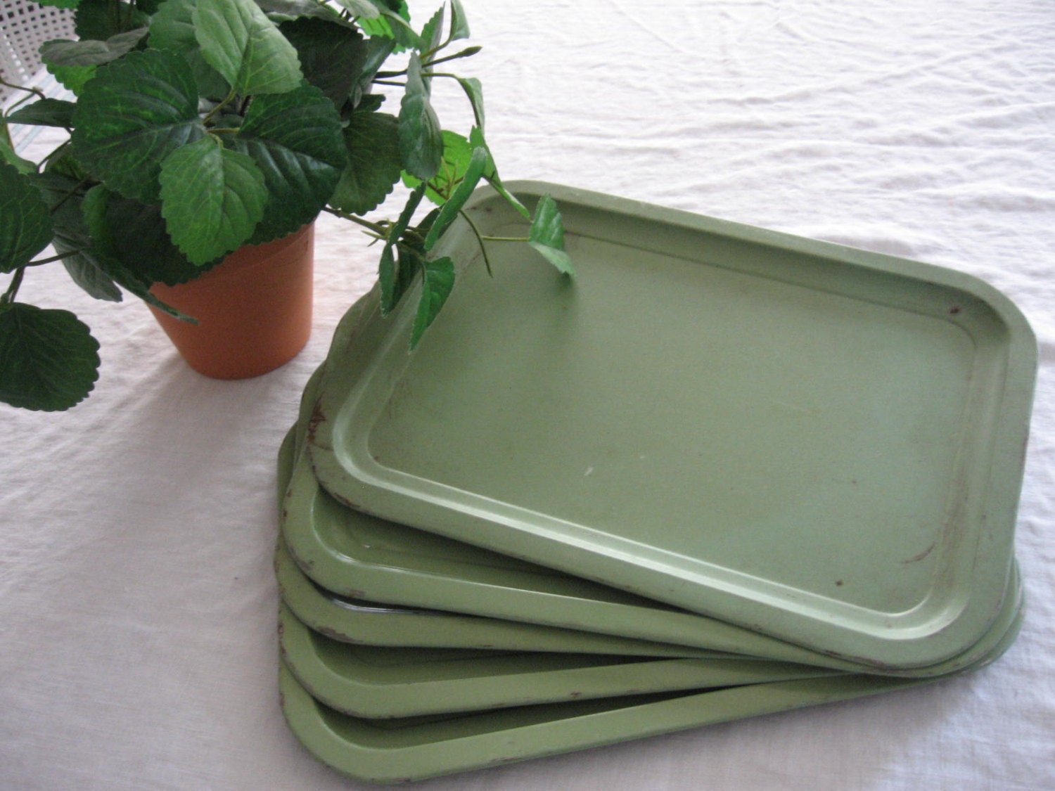 Vintage Green Metal Serving Trays, Vintage Trays, Rusty And Shabby