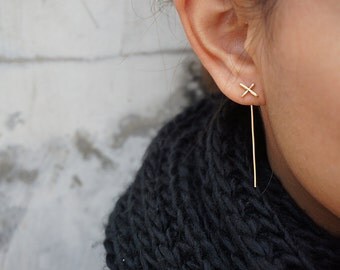 Gold X Ear Jackets, Thin Cross Earrings, Bar, Minimalist Ear Jackets, Rose Gold Gold Filled Sterling Silver, Bridesmaids Gifts