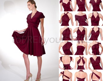 Short convertible dress in BEET RED shiny, FULL Free-Style Dress, convertible bridesmaid dress, infinity wrap dress, short infinity dress