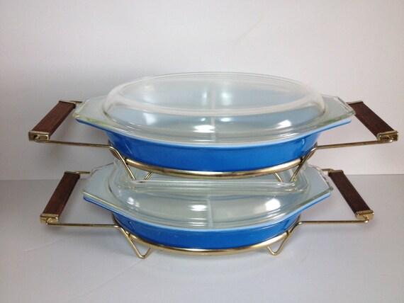 2 Vintage Pyrex Primary Blue Divided Dishes with Lids and