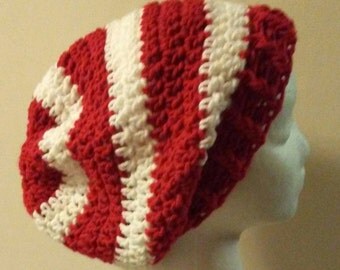 Red and White Striped Crochet Slouchy Beanie, Where's Waldo Hat, Crochet Hats, Winter Hats, Ready to Ship, B54-16-1025-3/B71-17-0202-3