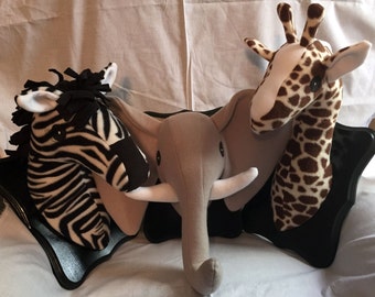 Stuffed Safari Animal Heads / Set of 3 animal heads / Faux Taxidermy / play room decor