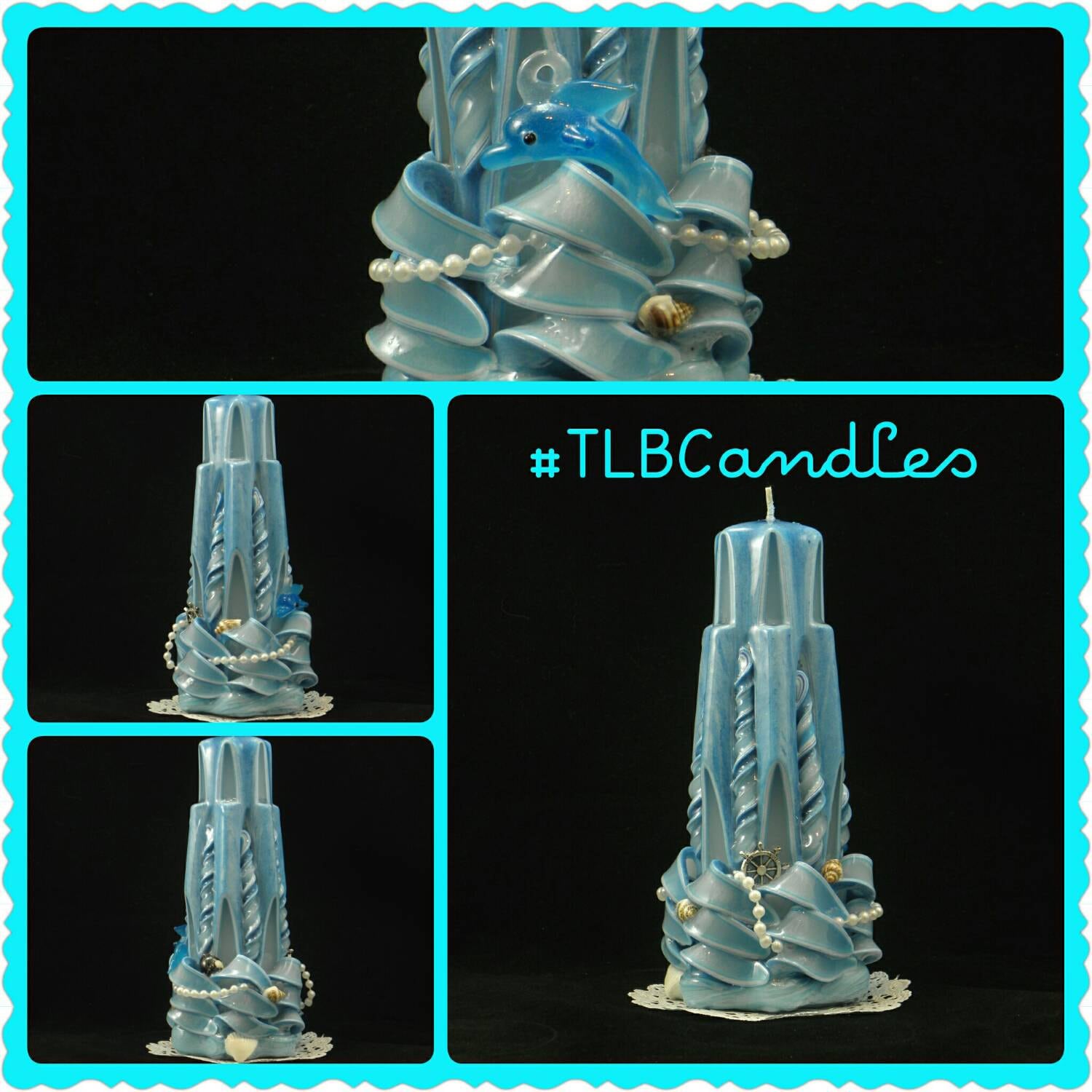 Hand Carved Candle Aqua Lighthouse with Sea Shells 7 Inch