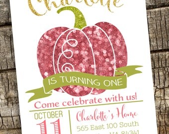 Pumpkin Invitation, Halloween Invitation, Printable, Glitter Pumpkin Invitation, Fall Birthday Invitation, Pink Pumpkin Birthday Invitation