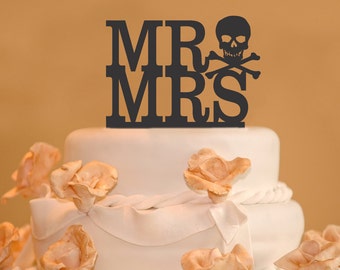 Mr. and Mrs. Wedding Cake Toppers - Skull and Bones Wedding Cake Topper - Goth wedding cake topper - pirate cake topper