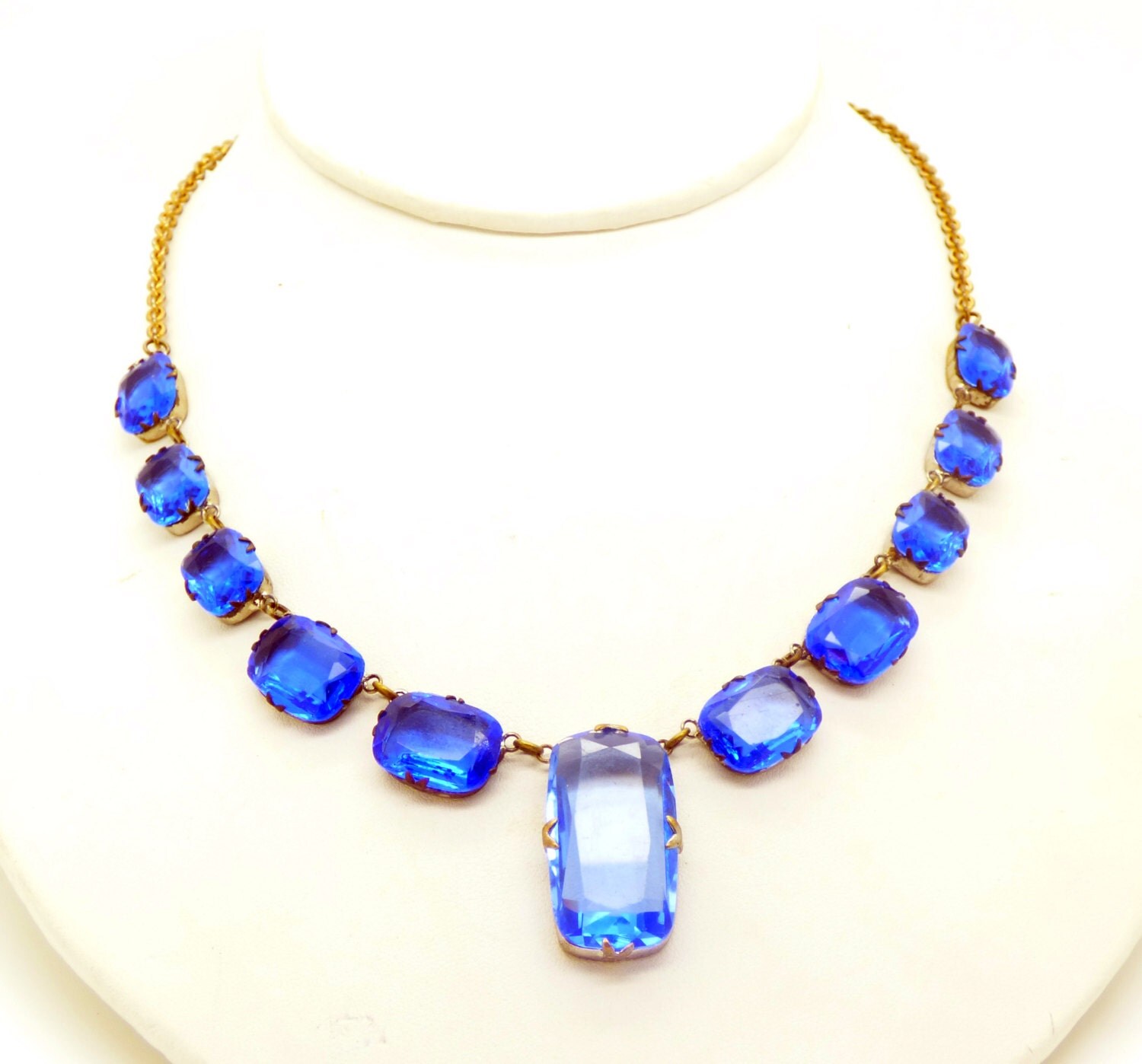 Czech Deco Signed Blue Glass Vintage Estate Necklace