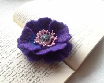 Flower brooch, Felted brooch, Purple brooch pin and clip, Jewerly, Handmade, Unique, Hair Accessories