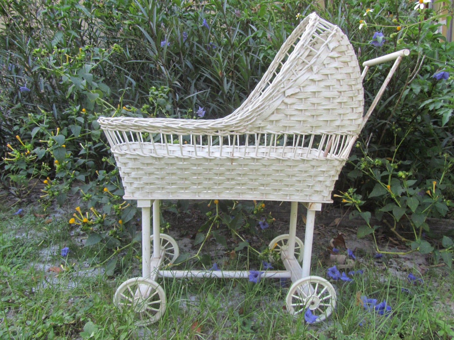 Vintage doll carriage, baby carriage, wicker stroller, baby buggy